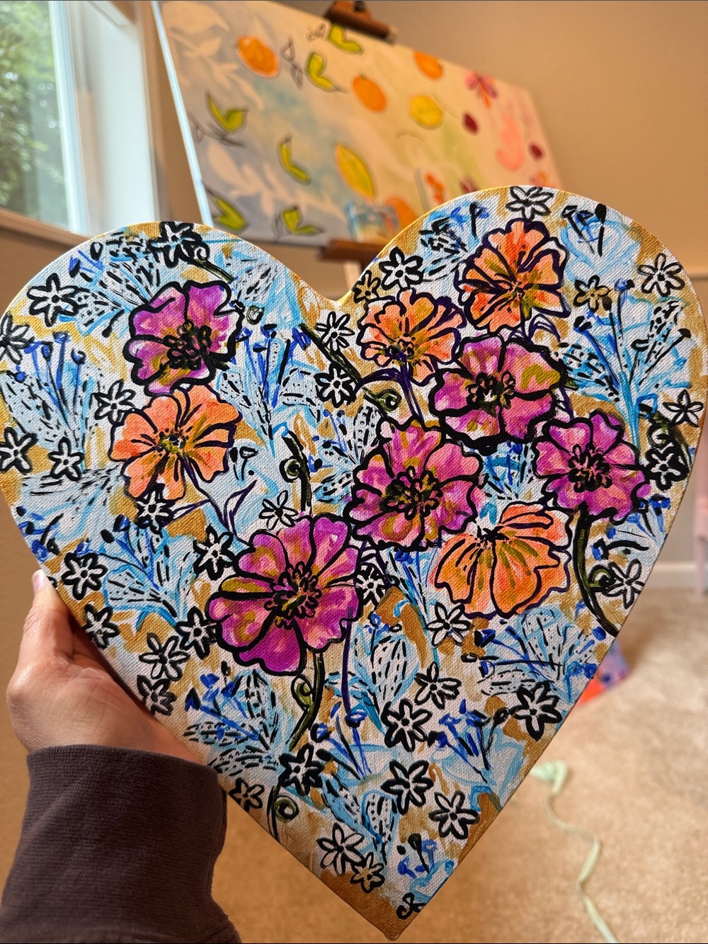 Original Floral Poppy Heart of Gold Art Painting on wrapped canvas